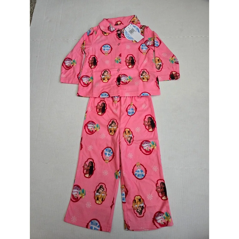 Disney Princess Moana Cinderella Belle Pink Fleece Pajama Set Girls 3T NWT